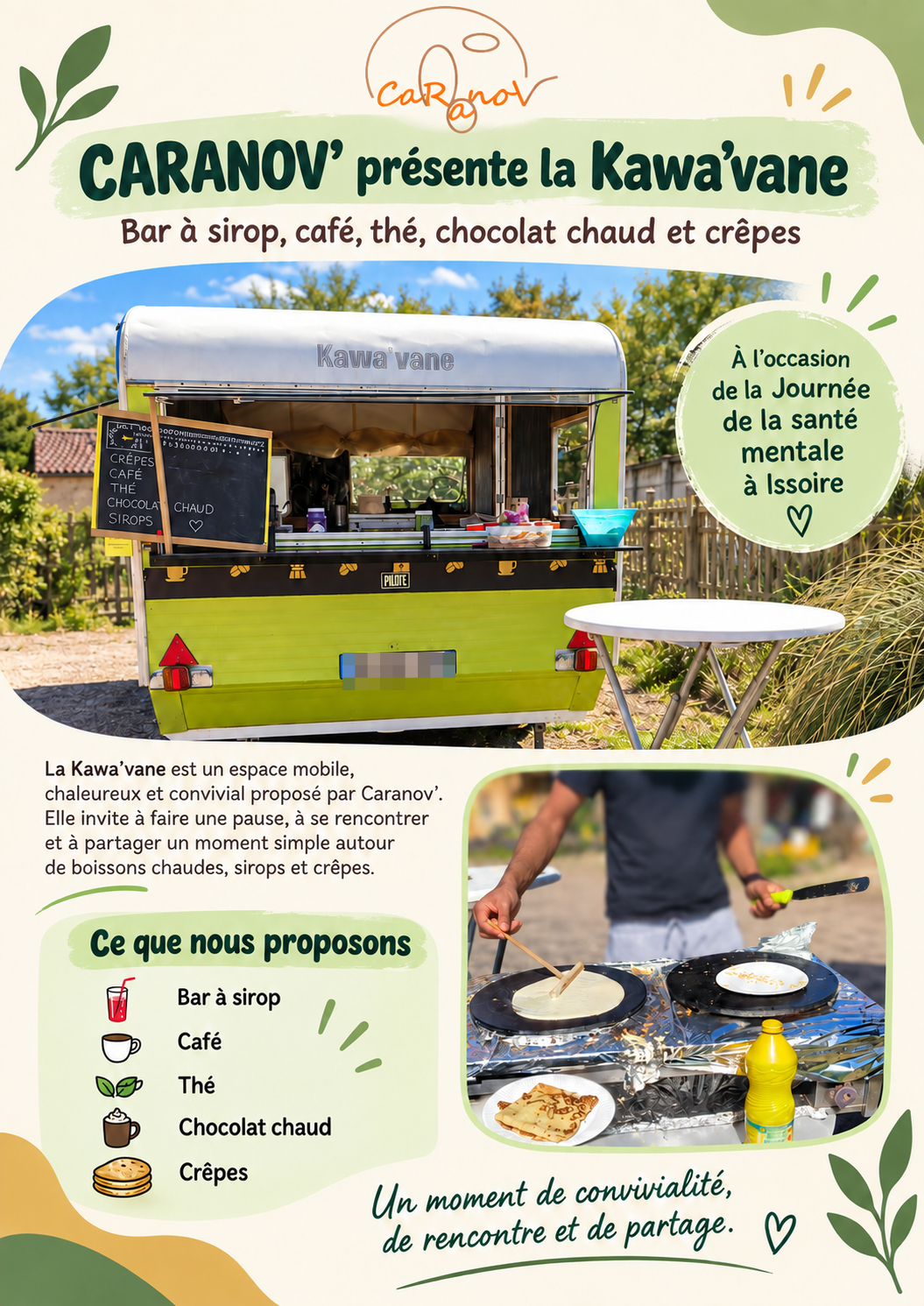 Affiche CARANOV présentant la Kawa’vane, son bar à sirop, ses boissons chaudes et ses crêpes, à l’occasion d’une journée de la santé mentale à Issoire.